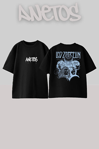 Anetos Led Zeppelin 1 Design Spate cu imprimeu Bumbac Negru supradimensionat tricou