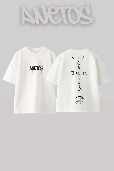 Anetos تي شيرت قطني أبيض كبير الحجم مطبوع عليه تصميم الصبار