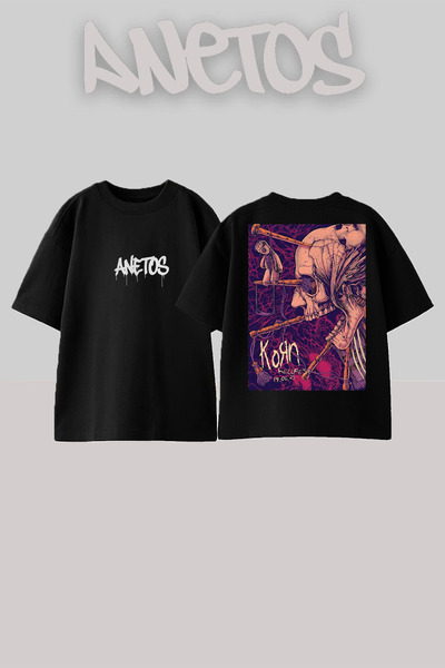 Anetos تي شيرت أسود كبير الحجم من القطن مطبوع عليه تصميم Korn 10