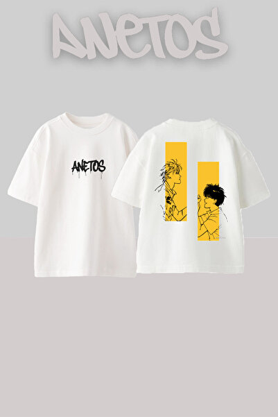 Anetos Banana Fish 3 Design Back cu imprimeu Bumbac Alb supradimensionat tricou