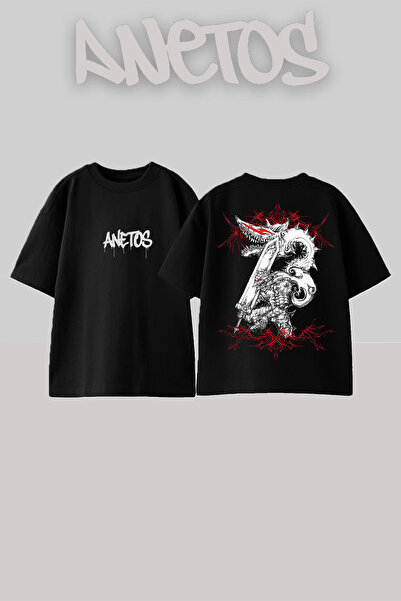 Anetos Berserk 11 Design Spate cu imprimeu Bumbac Negru supradimensionat tricou