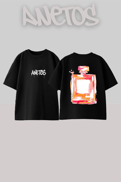 Anetos Parfum Design Spate cu imprimeu Bumbac Negru supradimensionat tricou