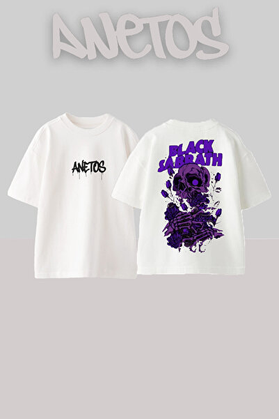 Anetos Tricou alb supradimensionat din bumbac cu imprimeu pe spate Black Sabb...