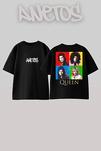 Anetos Queen 7 Design Spate cu imprimeu Bumbac Negru supradimensionat tricou