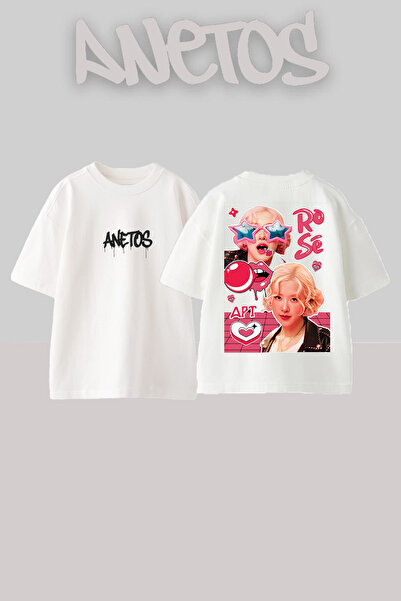 Anetos Blackpink Rose 7 Design Tricou Oversized Alb din Bumbac cu Imprimeu pe...