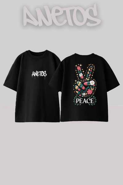 Anetos Peace Design Spate cu imprimeu Bumbac Negru supradimensionat tricou