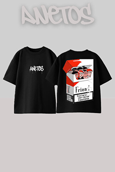 Anetos Frıend Design Sırt cu imprimeu Pamuk Negru supradimensionat tricou