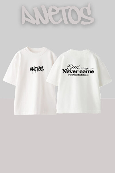 Anetos Good Things Never Come Design Rucsac cu imprimeu Bumbac Alb supradimensionat tricou
