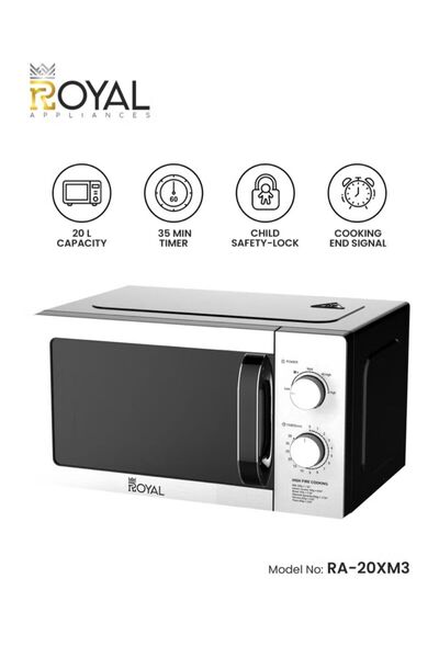 Royal Manual microwave oven, 6 levels, 20 liters, 700 watts, modern and elegant design, white color