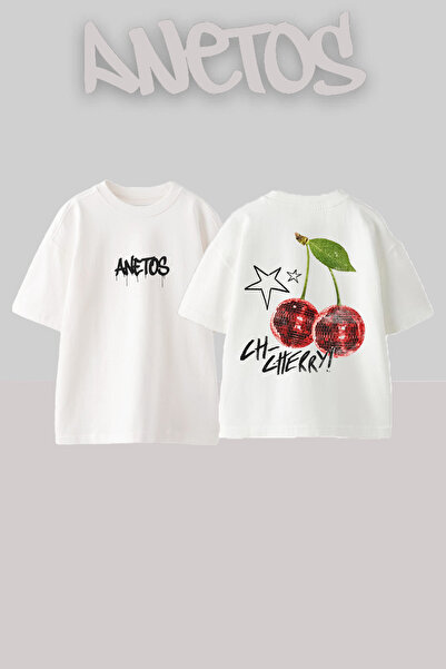 Anetos Ch Cherry Design Spate cu imprimeu Bumbac Alb supradimensionat tricou