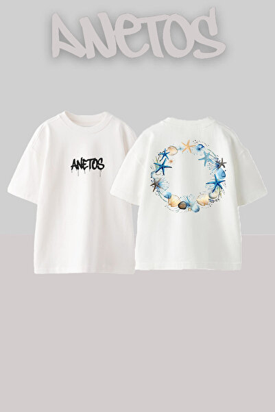 Anetos Бяла памучна тениска с голям размер и дизайн на морска раковина на гърба