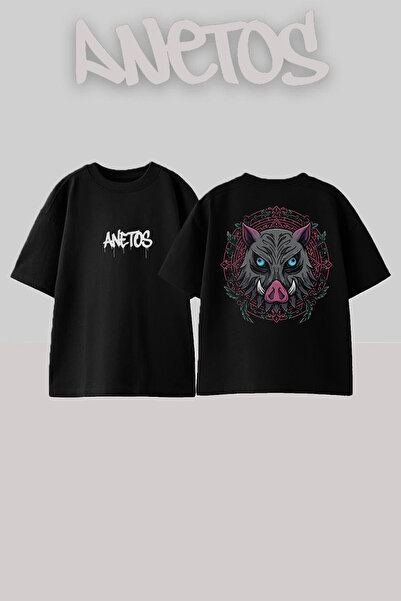 Anetos Demon Slayer 19 Design Spate cu imprimeu Bumbac Negru supradimensionat...