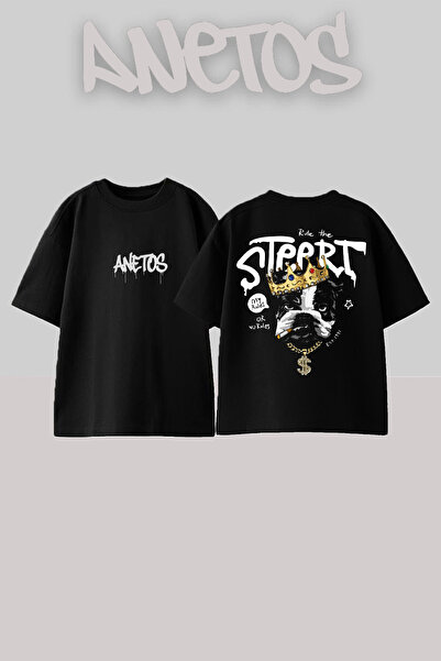 Anetos Μπλούζα Oversize Στύλ King Dog Σχεδίαση με Τύπωμα από Βαμβάκι Μαύρη