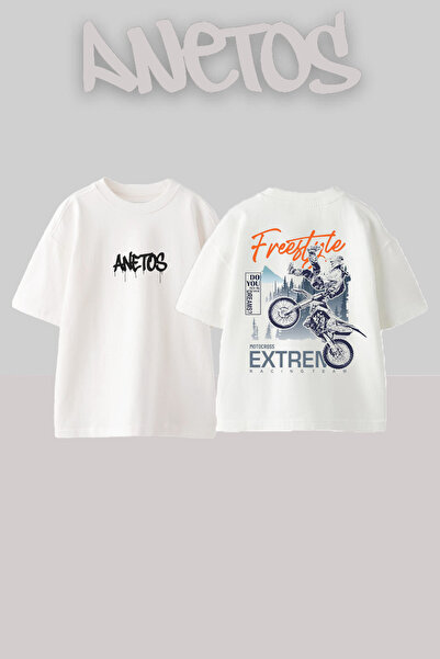 Anetos Μπλουζάκι με σχέδιο Biker Design με τύπωμα Cotton White oversized