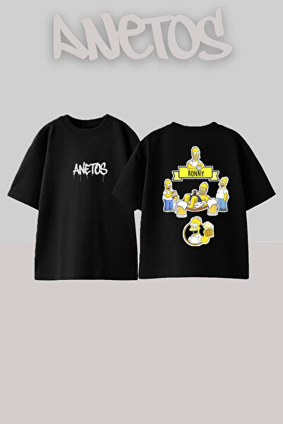 Anetos Simson Design Rucsac cu imprimeu Bumbac Negru supradimensionat tricou