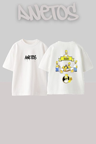 Anetos تي شيرت أبيض كبير الحجم من القطن مطبوع عليه تصميم Simson