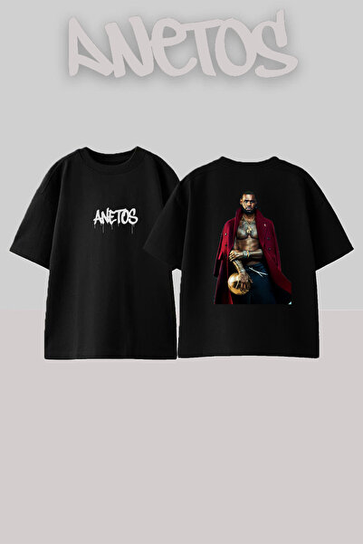 Anetos Black Adam Design Spate cu imprimeu Bumbac Negru supradimensionat tricou