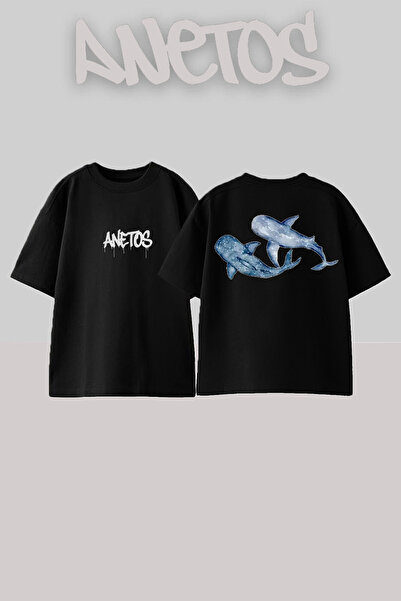 Anetos Rucsac cu design Blue Whales cu imprimeu Bumbac Negru supradimensionat...