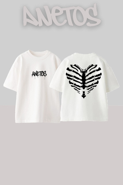 Anetos Μπλουζάκι Love Skeleton Design Back B με τύπωμα Cotton White O oversized