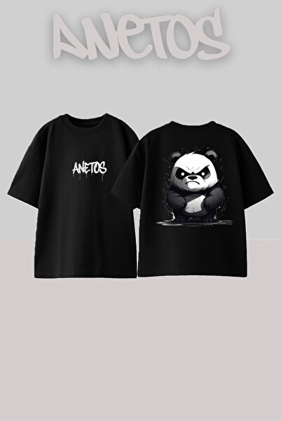 Anetos تي شيرت أسود كبير الحجم من القطن مطبوع عليه تصميم Panda Angry
