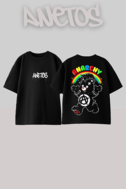 Anetos Anarchy Design Spate cu imprimeu Bumbac Negru supradimensionat tricou