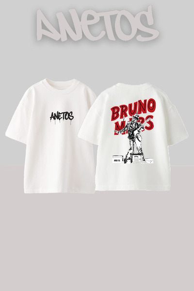 Anetos Bruno Mars 4 Design Back cu imprimeu Bumbac Alb supradimensionat tricou