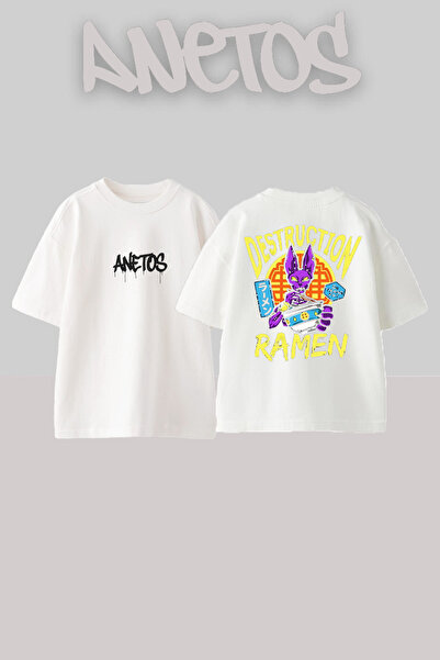 Anetos Μπλουζάκι Ramen Cat Design Back με τύπωμα Cotton White oversized
