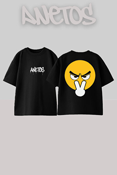 Anetos Design cu imprimeu pe spate Gozum Üst De Bumbac Negru Oversize Tricou