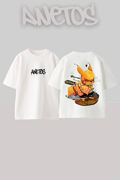 Anetos Demon Slayer Pikachu Design Spate cu imprimeu Bumbac Alb supradimensio...