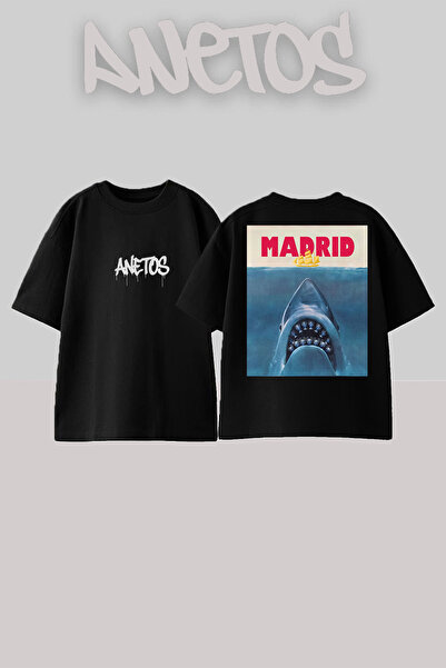 Anetos Shark Design Back cu imprimeu Bumbac Negru supradimensionat tricou
