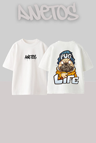Anetos Pug Life Dog Design Rucsac cu imprimeu Bumbac Alb supradimensionat tricou
