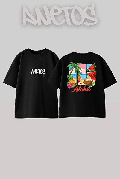 Anetos Aloha Kokonat Design Rucsac cu imprimeu Bumbac Negru supradimensionat ...