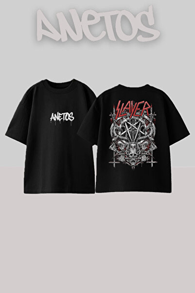 Anetos Slayer 8 Design Back cu imprimeu Bumbac Negru supradimensionat tricou
