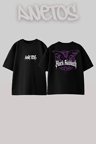 Anetos Black Sabbath 10 Design Back cu imprimeu Bumbac Negru supradimensionat...