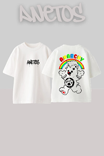 Anetos Anarchy Design Spate cu imprimeu Bumbac Alb supradimensionat tricou