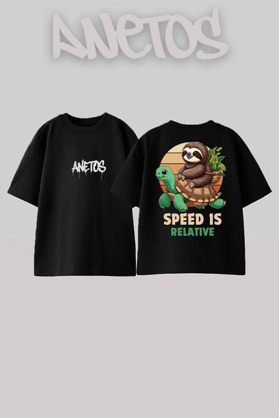 Anetos Tricou Speed ​​Is Design B cu imprimeu Bumbac Negru O supradimensionat