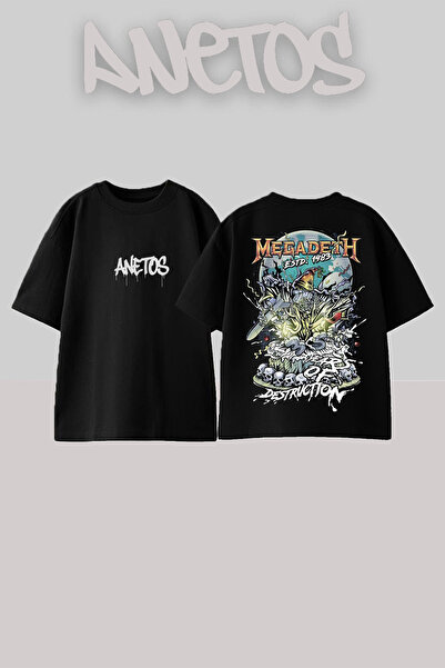 Anetos Megadeth 6 Design Back cu imprimeu Bumbac Negru supradimensionat tricou