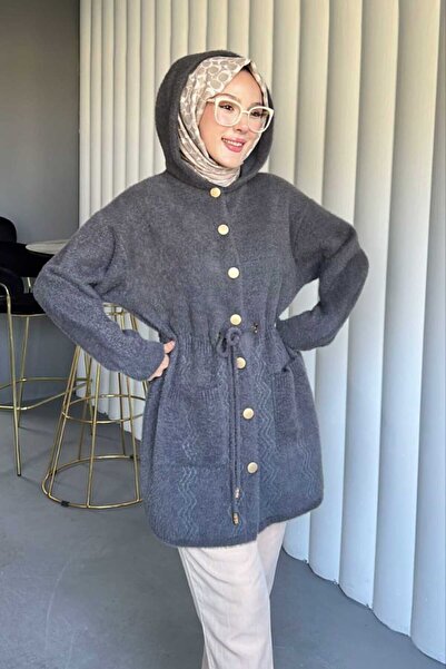 Safgiyim44 Angora Hooded Waist-Tie Buttoned Cap Gray