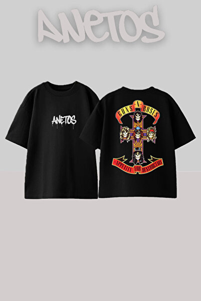 Anetos Guns N' Roses 9 Дизайн с печат на гърба Памучна черна тениска с голям ...