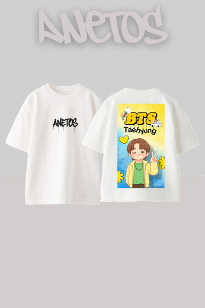 Anetos Bts 3 Design Back cu imprimeu Bumbac Alb supradimensionat tricou