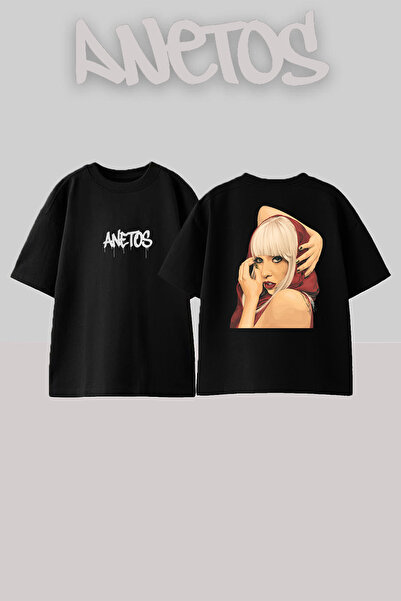 Anetos تي شيرت ليدي غاغا 4 بتصميم مطبوع على الظهر من القطن باللون الأسود مقاس...