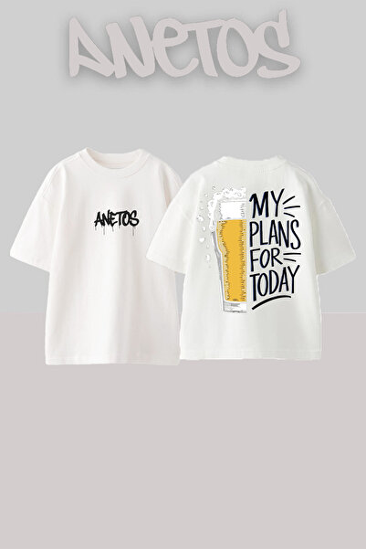 Anetos Beer 1 Design Spate cu imprimeu Bumbac Alb supradimensionat tricou