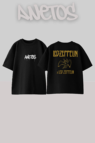 Anetos Led Zeppelin 9 Design Back cu imprimeu Bumbac Negru supradimensionat t...