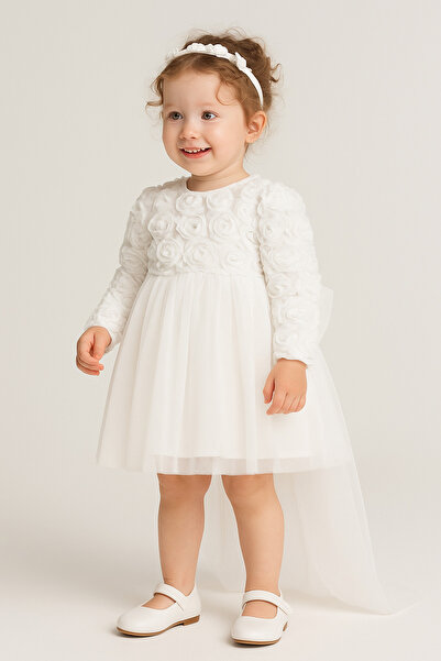 2kids2mom Λευκό φόρεμα για κοριτσάκι με μακρυμάνικο φιόγκο για πάρτι γενεθλίων Γάμος Ειδική ημέρα Πριγκίπισσα με επένδυση από τούλι