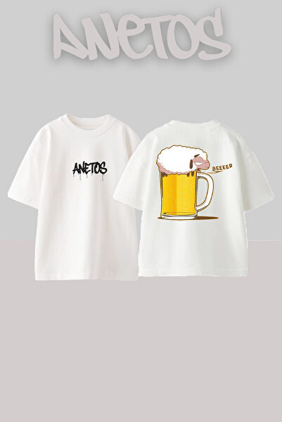 Anetos تي شيرت أبيض كبير الحجم من القطن مطبوع عليه تصميم Beeer