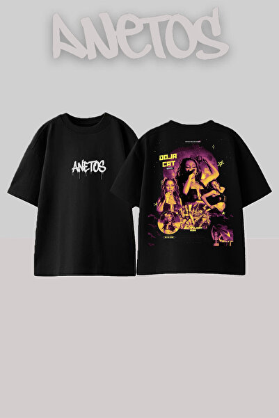 Anetos Doja Cat 3 Tasarım Sırt Baskılı Pamuk Siyah Oversize T-shirt