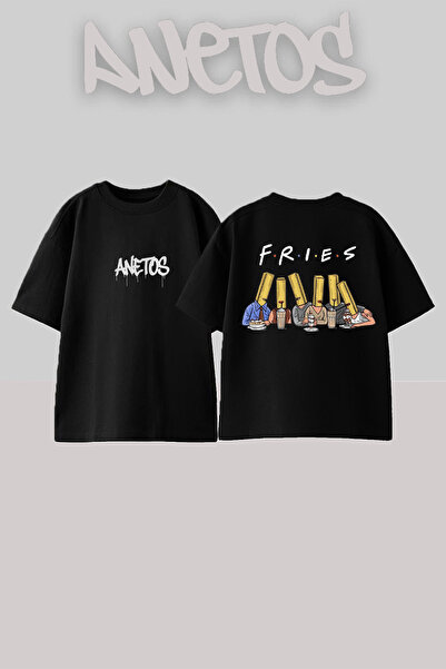 Anetos تي شيرت فريز ديزاين مطبوع من الخلف مصنوع من القطن باللون الأسود مقاس كبير