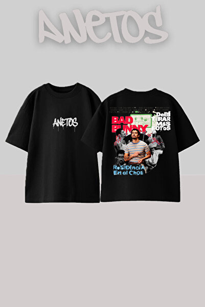 Anetos Μπλούζα Bad Bunny 12 Σχεδίαση με Τύπωμα στην Πλάτη από Βαμβάκι Μαύρη O...