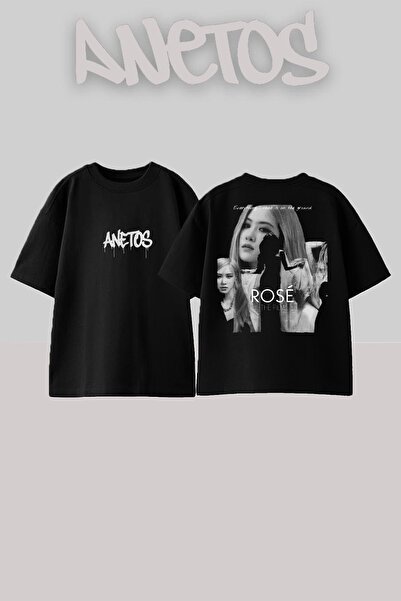 Anetos Blackpink Rose 5 Design Back cu imprimeu Bumbac Negru supradimensionat...