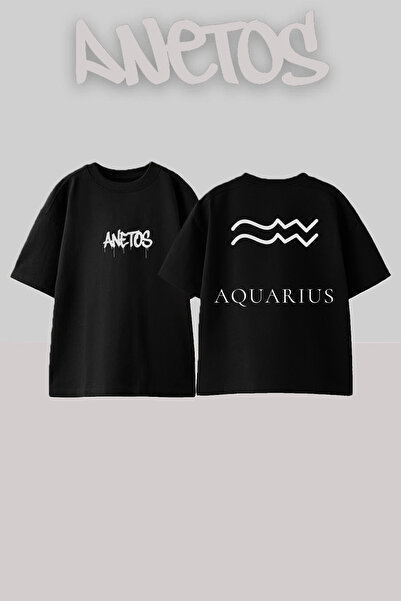 Anetos Aquarius Design Spate cu imprimeu Bumbac Negru supradimensionat tricou